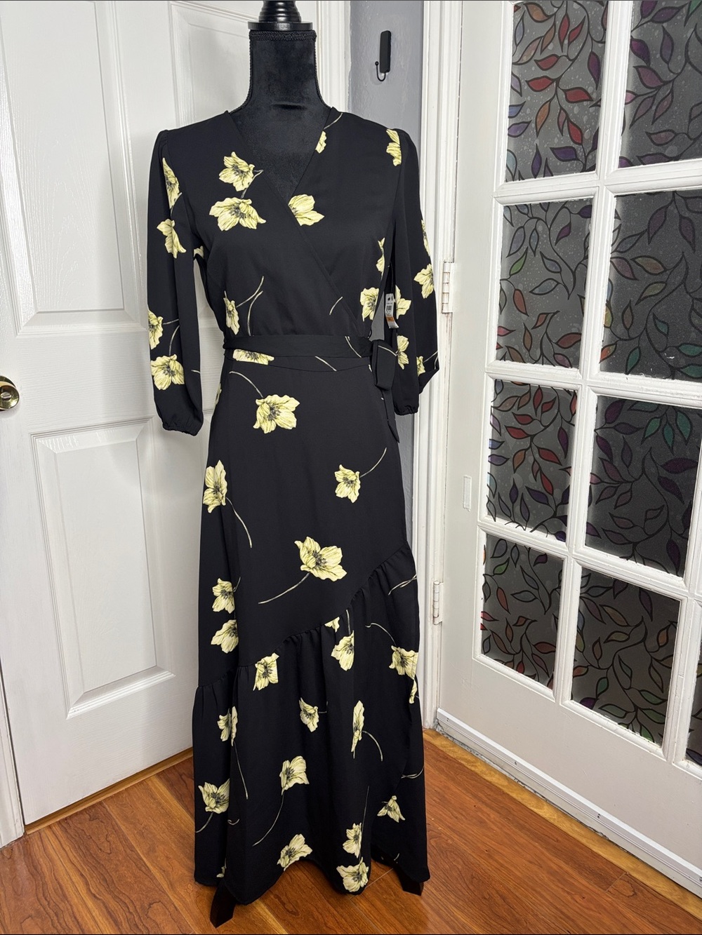 Bar III Black Wrap Maxi Dress with Yellow Floral Print